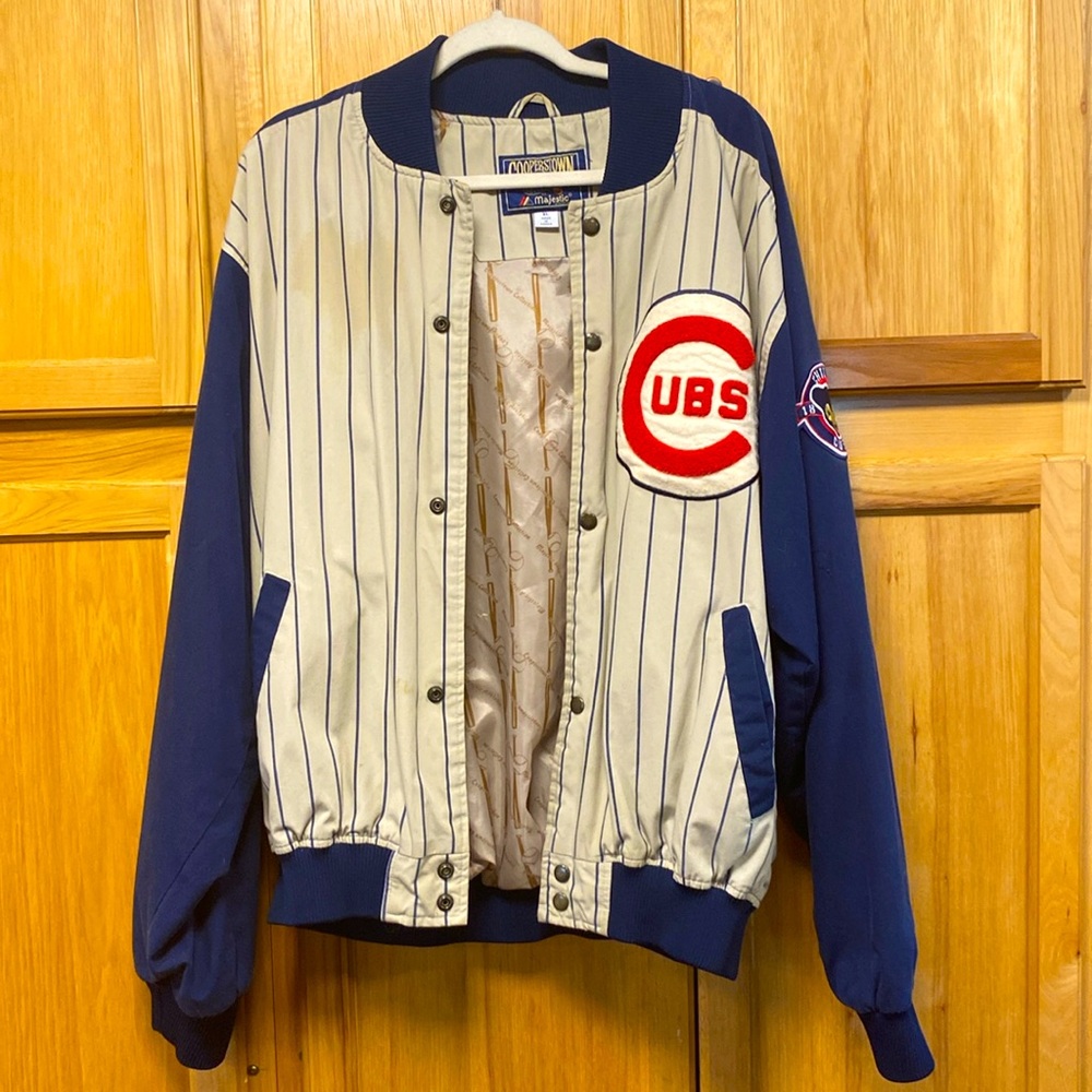 Majestic Cooperstown Collection Chicago Cubs Pinstripe Bomber Jacket Mens XLarge